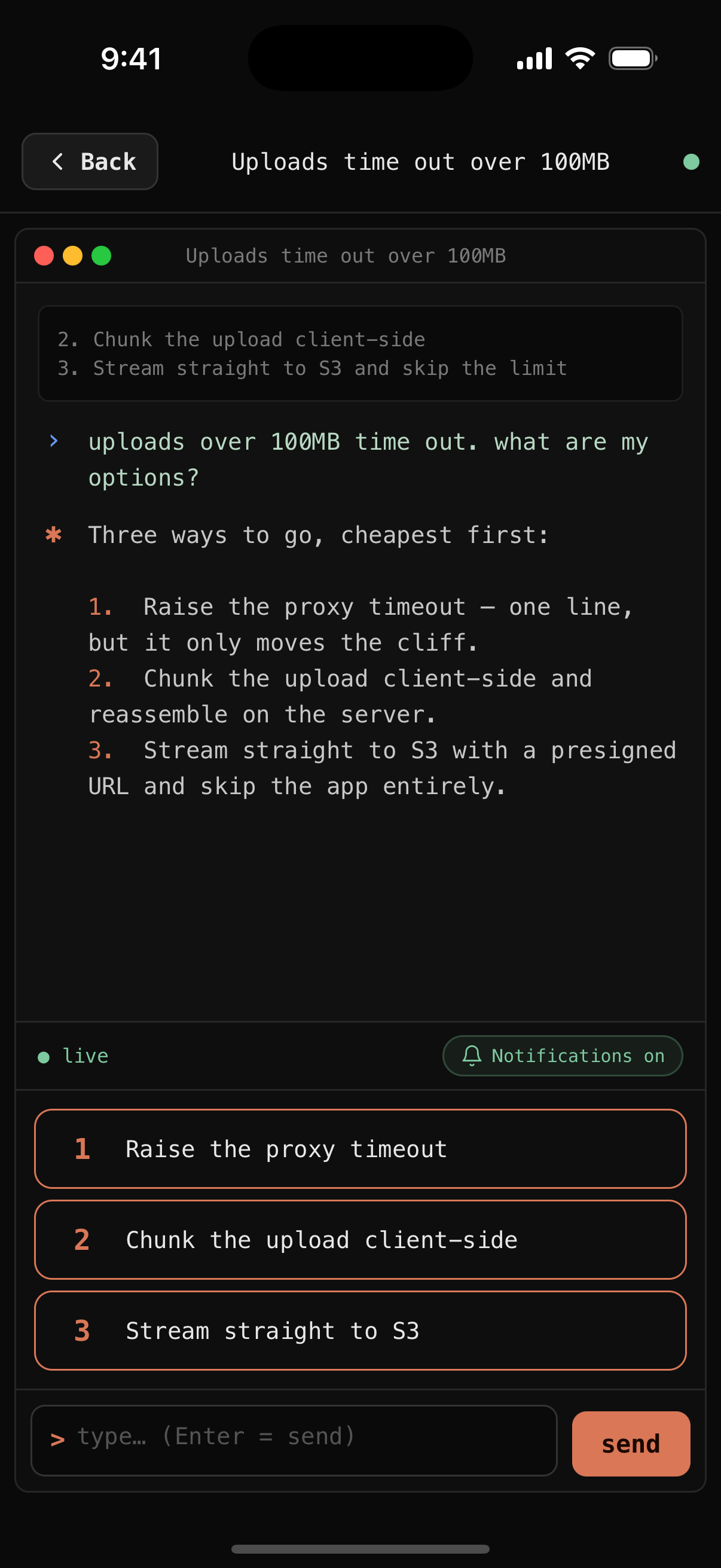 clim conversation view showing a Claude exchange with three tappable numbered option rows