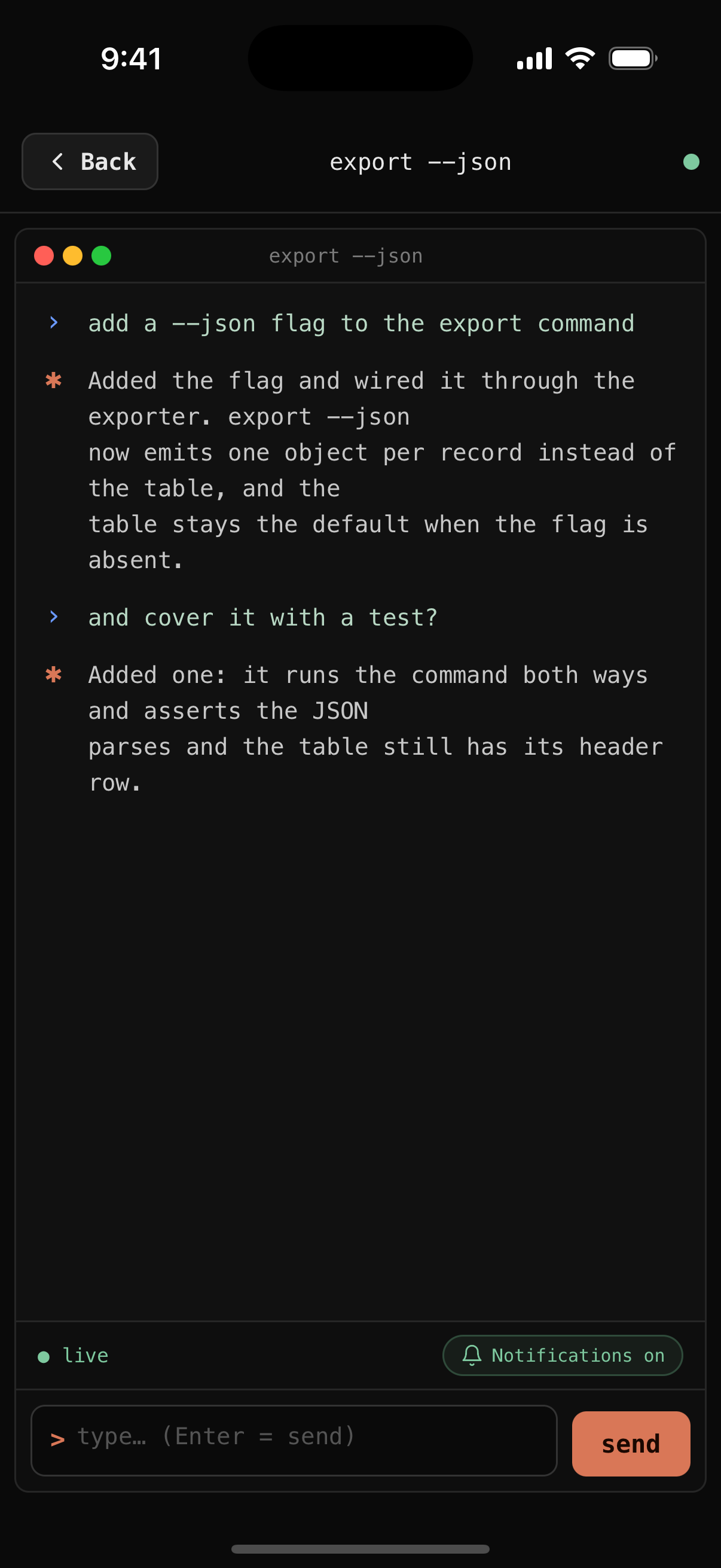 clim showing a Codex session rendered as a conversation rather than raw terminal output