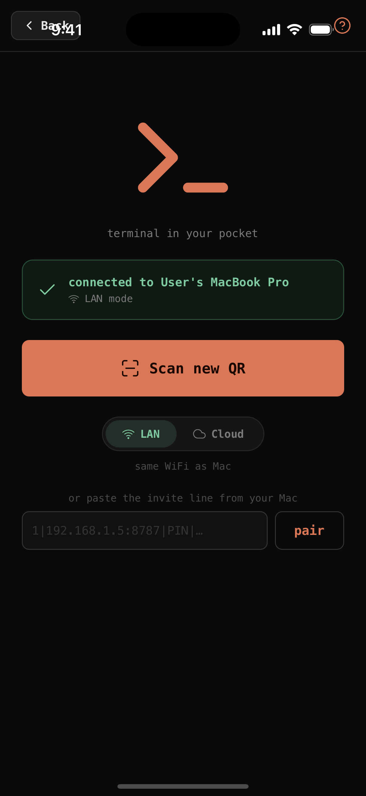 clim pairing screen showing the orange prompt mark, a Scan new QR button and a LAN/Cloud toggle