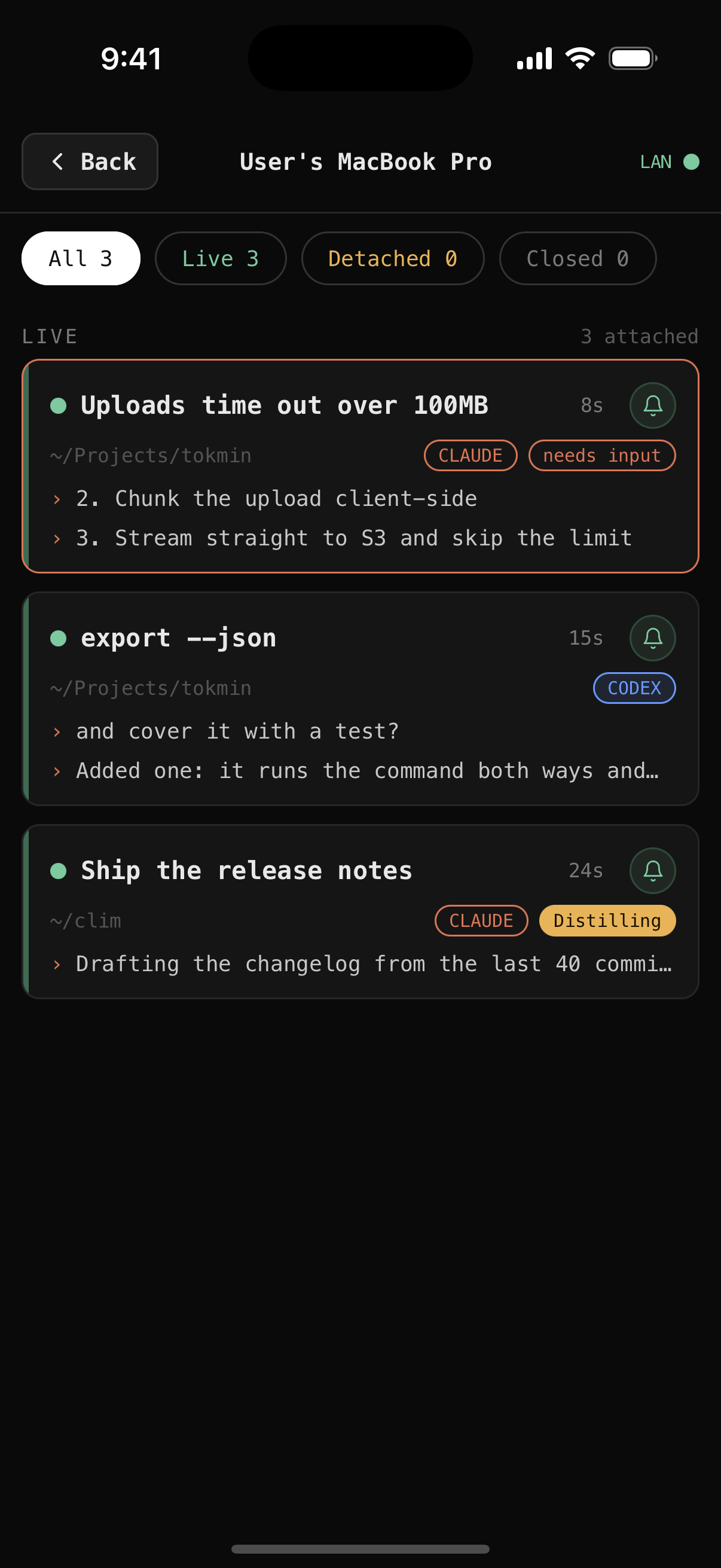 clim session list with three live sessions, one Claude session marked needs input and one Codex session